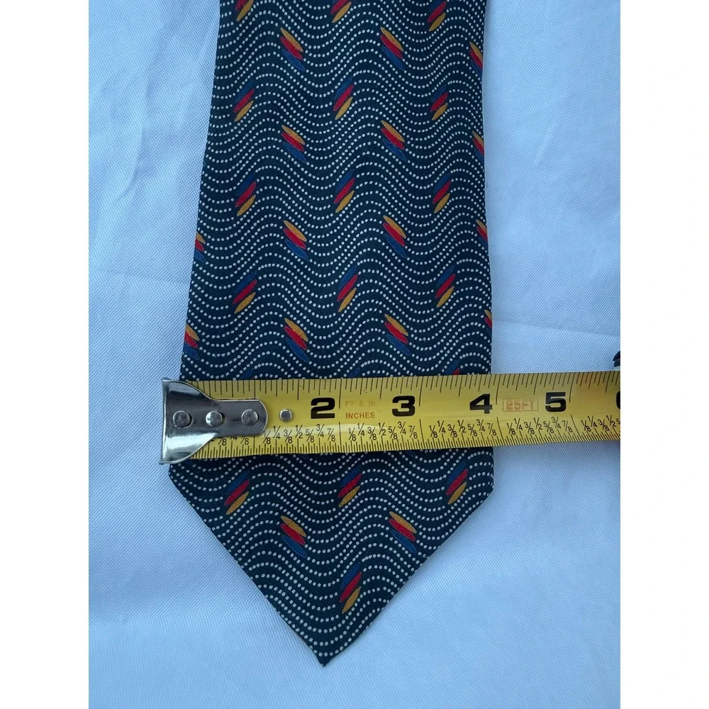 Stefano Milano Silk Tie Navy Blue Wavy Dotted Geometric Red Yellow Blue Italy